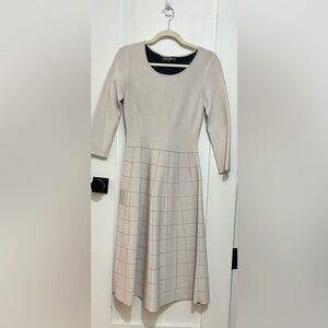 Salvatore Ferragamo Cream Long-Sleeve Fit & Flare Dress with Grid